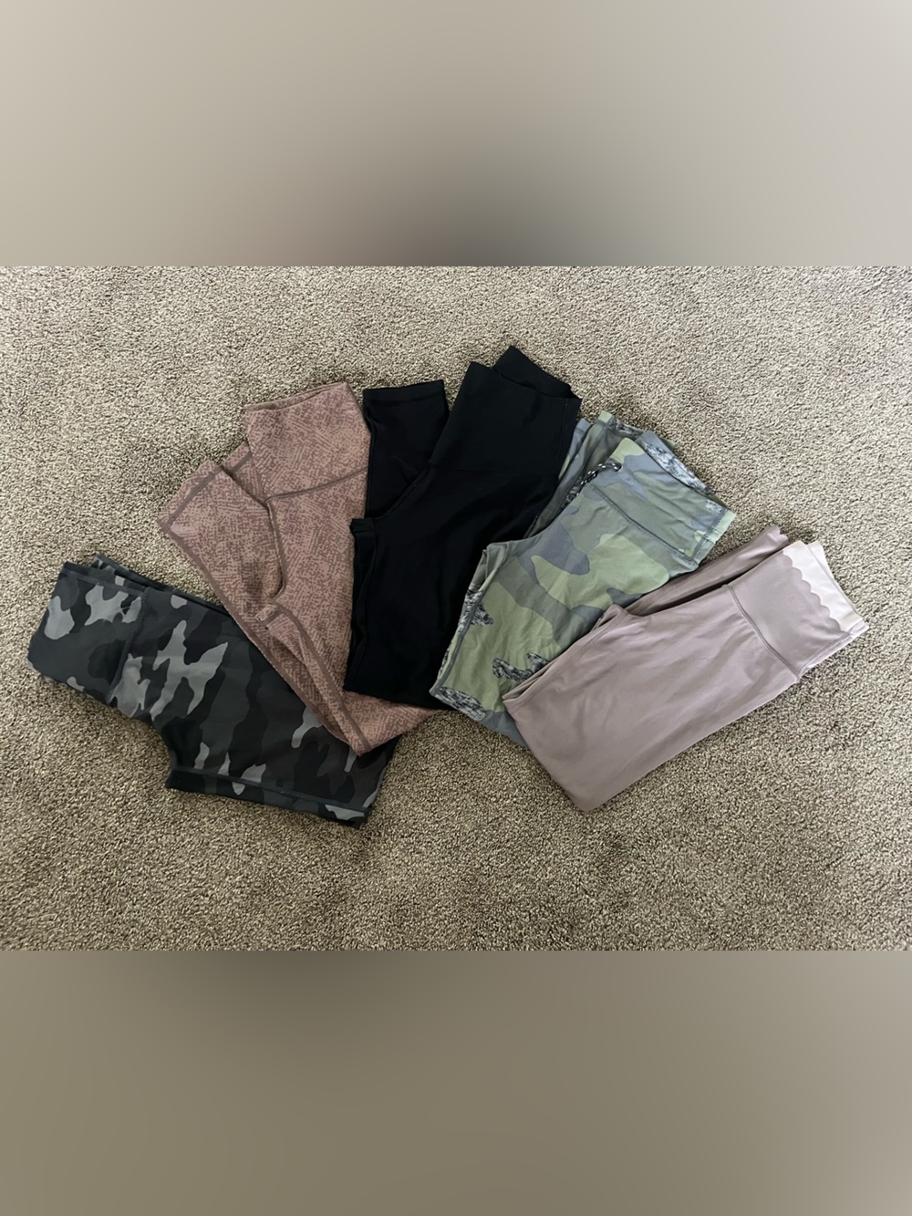Aerie Leggings set of 5- Black, Olive Camo, Gray camo, tan, and animal print.